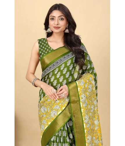 Generic Women's Cotton Blend Printed Saree With Unstitched Blouse 5.5Mtr (Mehandi)