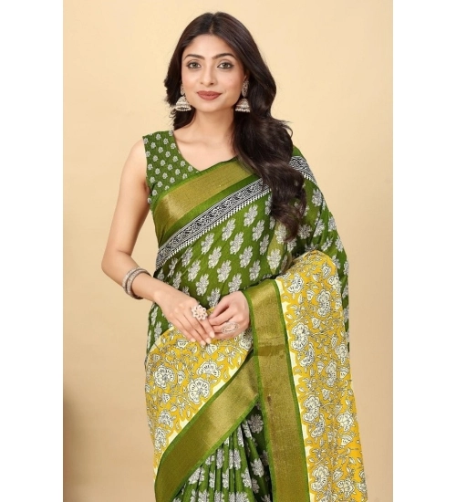 Generic Women's Cotton Blend Printed Saree With Unstitched Blouse 5.5Mtr (Mehandi)