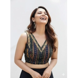 Generic Women's Cambric Cotton V Neck Padded Blouse (Navy, 38 Ready Size (Self-Alterable 36–40)