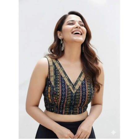 Generic Women's Cambric Cotton V Neck Padded Blouse (Navy, 38 Ready Size (Self-Alterable 36–40)