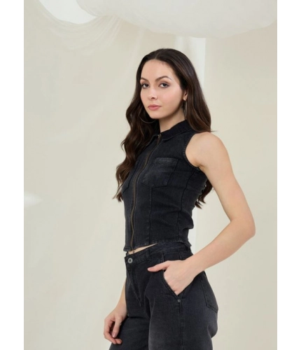 Generic Women's Denim Lycra Solid Sleeveless Top (Black)