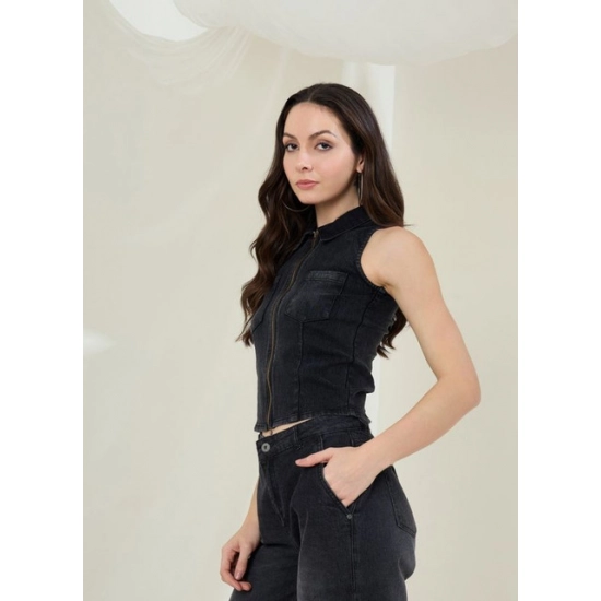 Generic Women's Denim Lycra Solid Sleeveless Top (Black) Generic Women's Denim Lycra Solid Sleeveless Top (Black)
