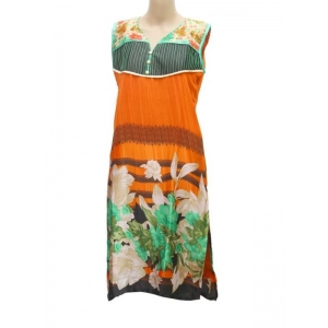 Generic Women's Synthetic Kurtis (Orange, Multi, L)