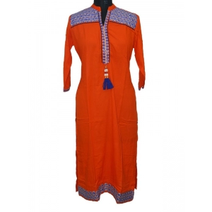 Generic Women's Rayon Kurtis (Orange, XXL)