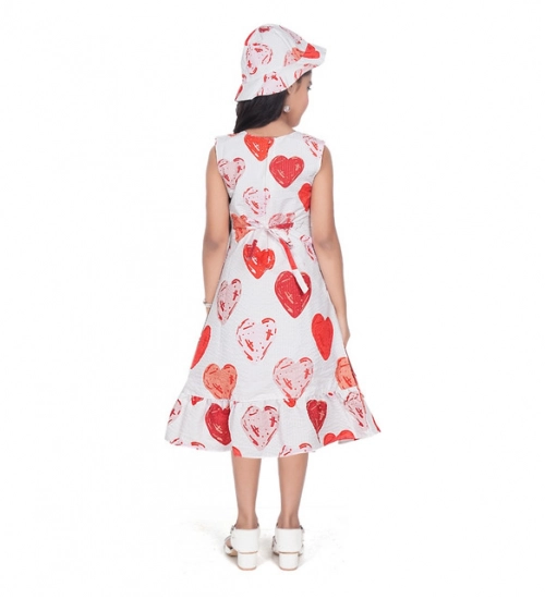 Girl's Popcorn Printed Sleeve Less Round Neck Dress (Red)