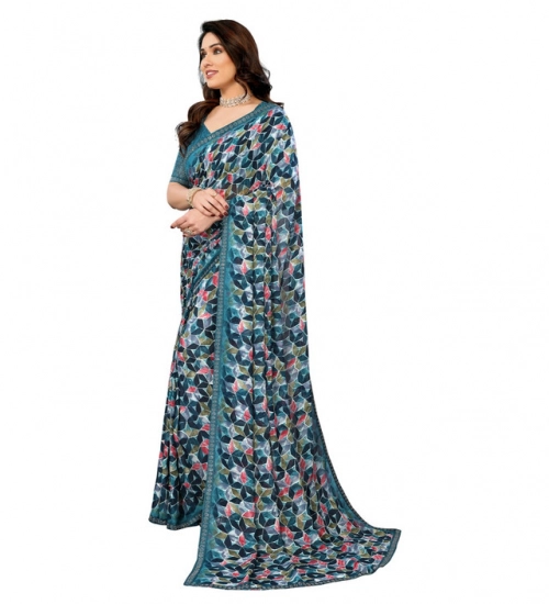 Generic Women's Georgette Printed Saree With Unstitched Blouse 5.5Mtr (Sky Blue)