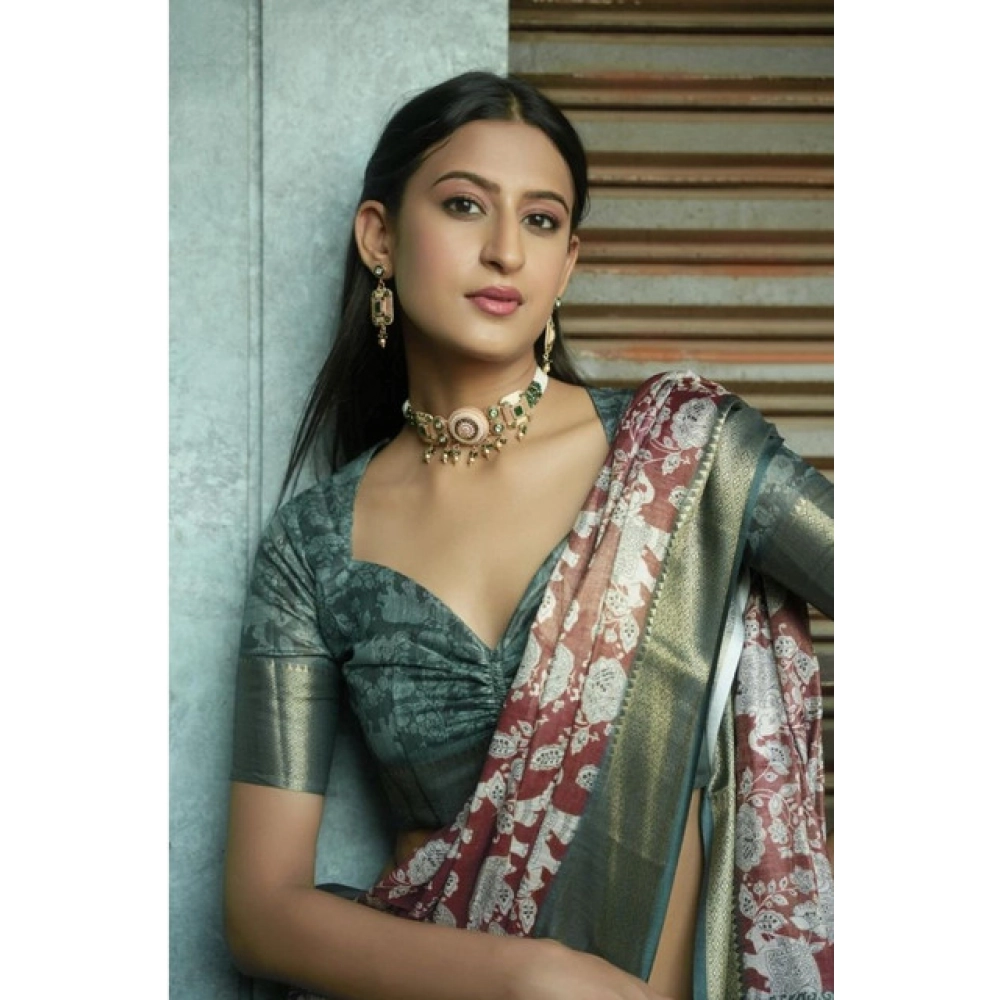 Women's Polyester Printed Saree With Unstitched Blouse 5.5 Mtr (Maroon)