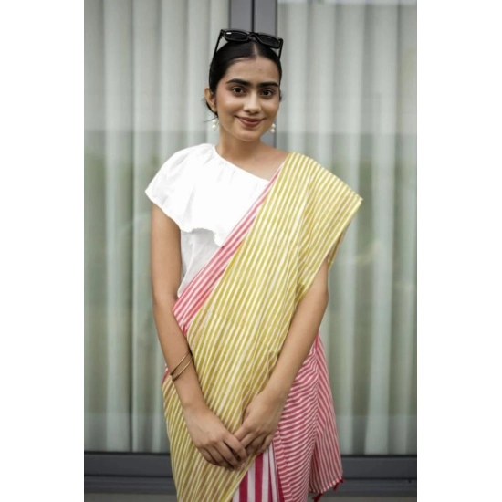 Generic Women's Linen Printed Saree With Unstitched Blouse 5.5Mtr (Yellow)