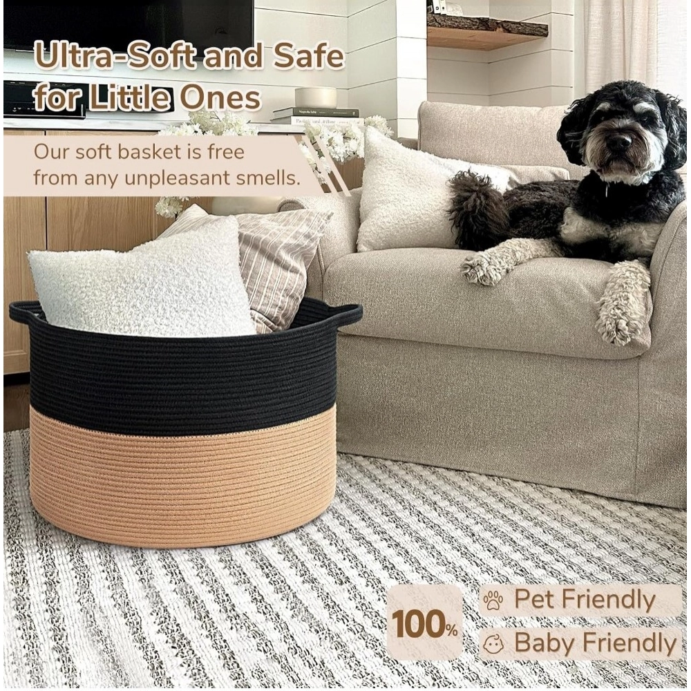 Generic Cotton Pack Of_1 16x14 Inch Storage Basket For Clothes With Out Lid (Black-Beige)