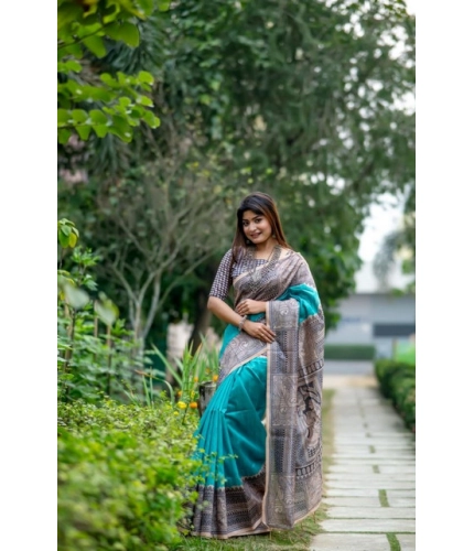 Generic Women's Faux_Tussar Geometric_Print Saree With Unstitched Blouse 5.5Mtr (Rama_Green)