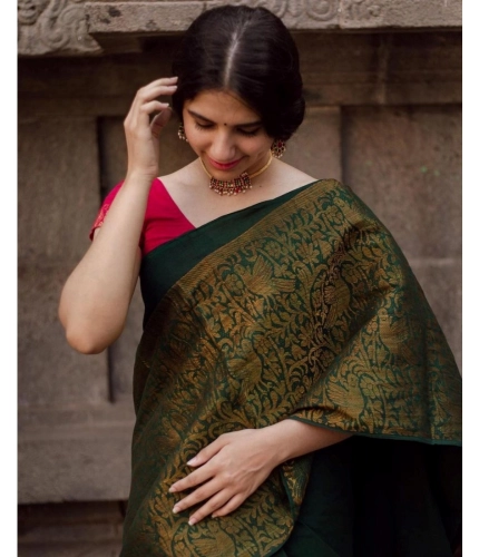 Generic Women's Soft Lichi Silk Printed Saree With Unstitched Blouse 5.5Mtr (Green)