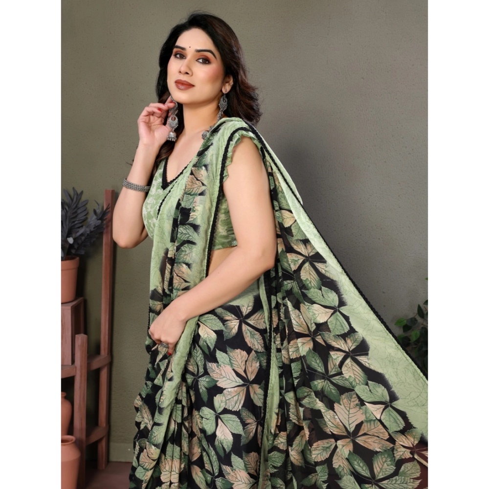 Women's Chiffon Printed Saree With Unstitched Blouse 5.5Mtr (Green)