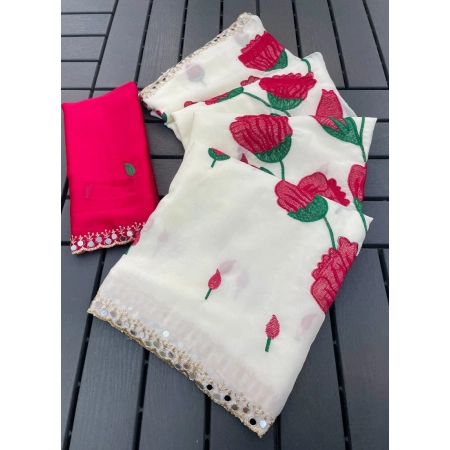 Generic Women's Georgette Embellished Saree With Unstitched Blouse 5.5Mtr (Cream-Red)