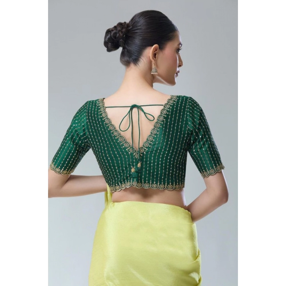 Women's Banarasi Silk Sequence V Neck Non Padded Blouse (Green 38 Ready (Alterable up to 42)