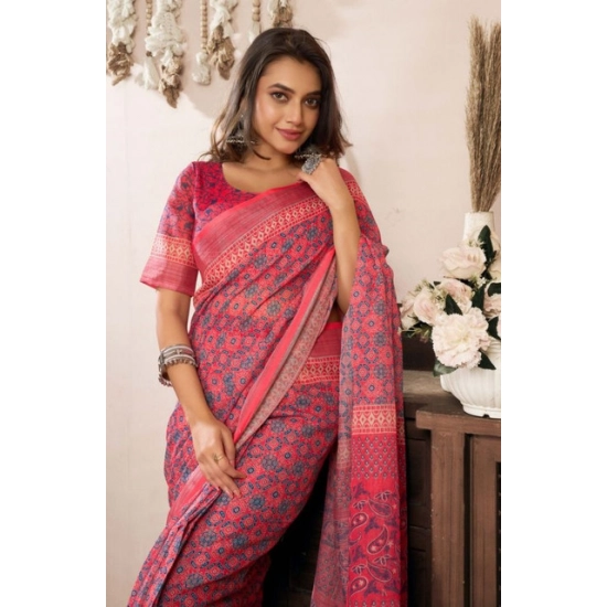 Generic Women's Faux Linen Geometric Print Ready to wear Saree With Unstitched Blouse 5.5Mtr (Red) Generic Women's Faux Linen Geometric Print Ready to wear Saree With Unstitched Blouse 5.5Mtr (Red)