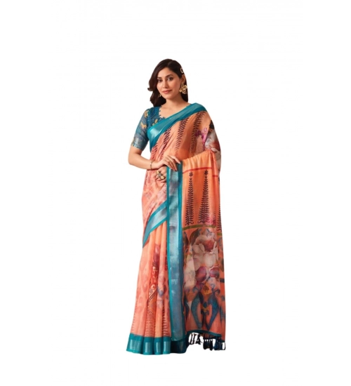 Generic Women's Faux_Linen Printed Saree With Unstitched Blouse 5.5Mtr (Peach)