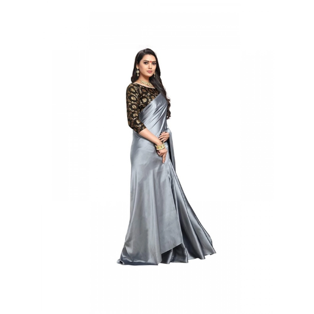 Generic Women's Satin Solid Saree With Unstitched Blouse 5.5Mtr (Grey) Generic Women's Satin Solid Saree With Unstitched Blouse 5.5Mtr (Grey)