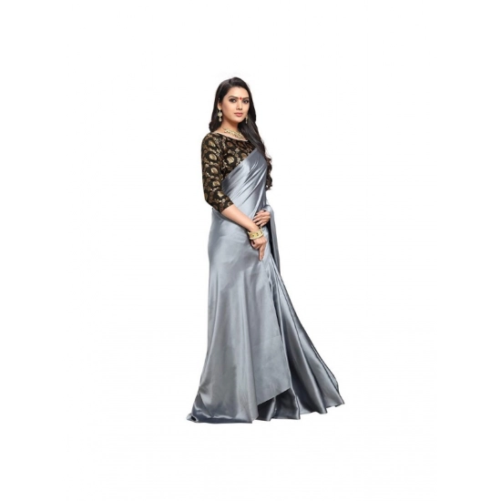 Generic Women's Satin Solid Saree With Unstitched Blouse 5.5Mtr (Grey)