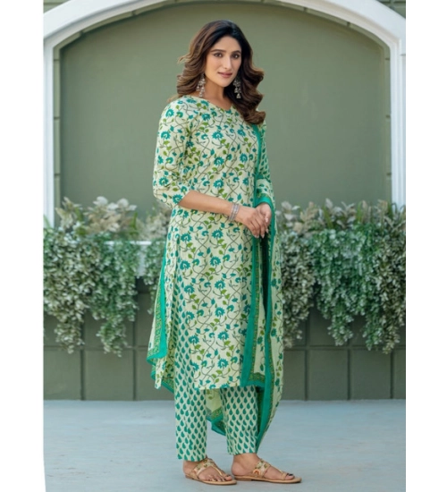 Generic Women's Cotton Blend Printed Kurti With Pant Dupatta Set (Pista)
