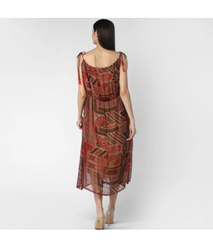 Generic Women's Polyester Printed Shoulder Straps Dress (Maroon - Brown)