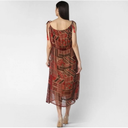 Generic Women's Polyester Printed Shoulder Straps Dress (Maroon - Brown) Generic Women's Polyester Printed Shoulder Straps Dress (Maroon - Brown)