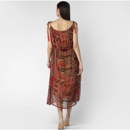 Generic Women's Polyester Printed Shoulder Straps Dress (Maroon - Brown) Generic Women's Polyester Printed Shoulder Straps Dress (Maroon - Brown)
