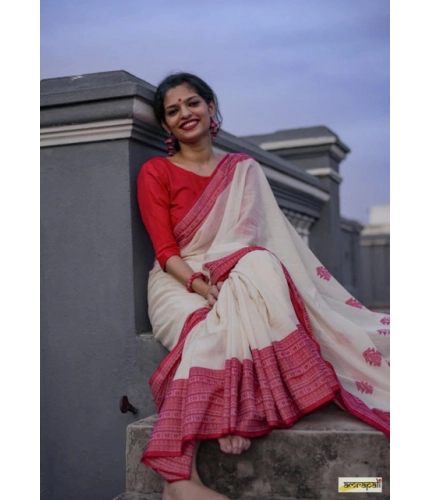 Generic Women's Soft Lilan Printed Saree With Unstitched Blouse 5.5Mtr (White)