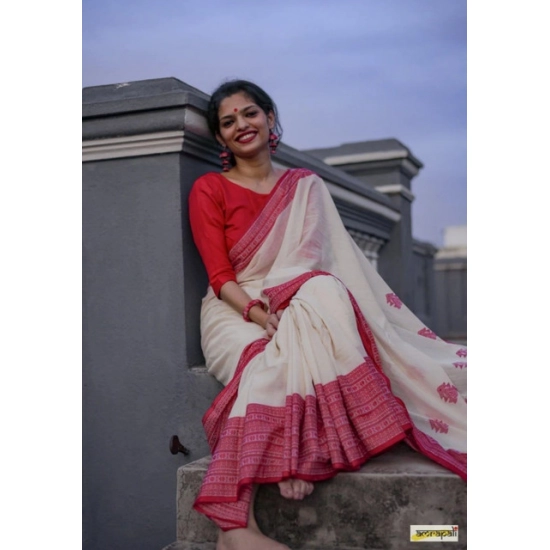 Generic Women's Soft Lilan Printed Saree With Unstitched Blouse 5.5Mtr (White)