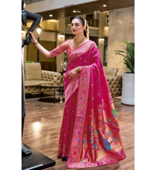 Generic Women's Silk Blend Paithani Weaving Saree With Unstitched Blouse 5.5Mtr (Pink)
