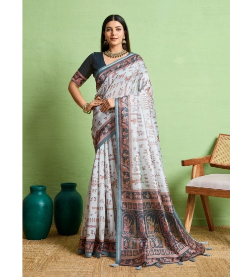 Generic Women's Silk Blend Printed Saree With Unstitched Blouse 5.5Mtr (Grey)