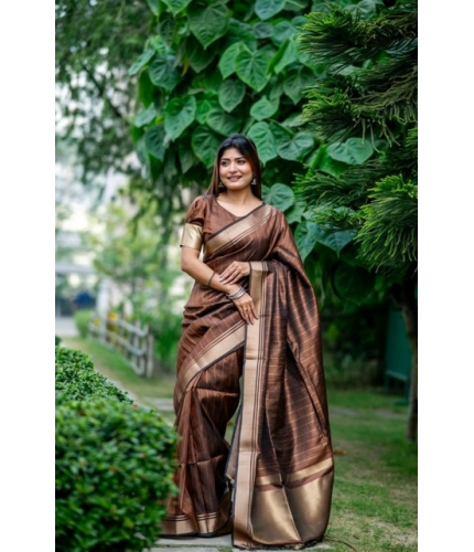 Generic Women's Faux_Banarasi Lining Pattern Saree With Unstitched Blouse 5.5Mtr (Light_Brown)