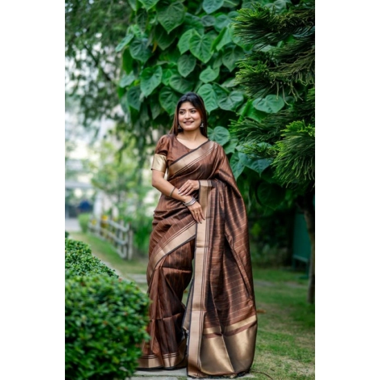 Generic Women's Faux_Banarasi Lining Pattern Saree With Unstitched Blouse 5.5Mtr (Light_Brown) Generic Women's Faux_Banarasi Lining Pattern Saree With Unstitched Blouse 5.5Mtr (Light_Brown)