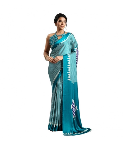 Generic Women's Satin Crepe Printed Saree With Unstitched Blouse 5.5Mtr (Rama Blue)