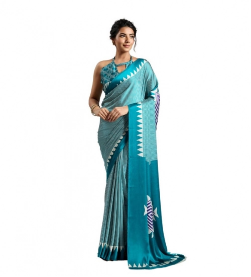 Generic Women's Satin Crepe Printed Saree With Unstitched Blouse 5.5Mtr (Rama Blue)