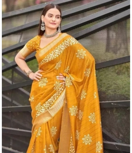 Generic Women's Cotton Silk Printed Saree With Unstitched Blouse 5.5Mtr (Yellow)