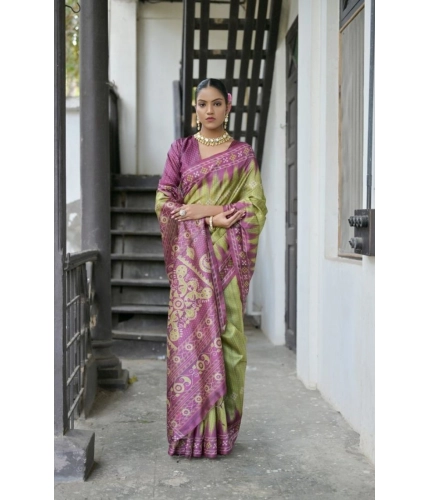 Generic Women's Faux_Tussar Ikat Saree With Unstitched Blouse 5.5Mtr (Green)