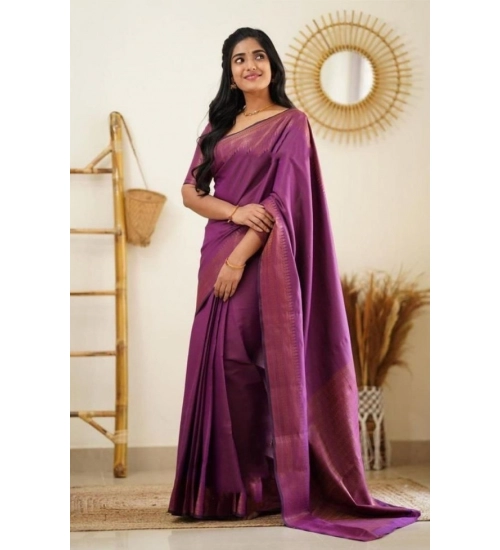 Generic Women's Litchi silk Printed Saree With Unstitched Blouse (Purple)