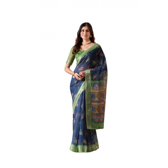 Generic Women's Faux_Linen Printed Saree With Unstitched Blouse 5.5Mtr (Navy_Blue)