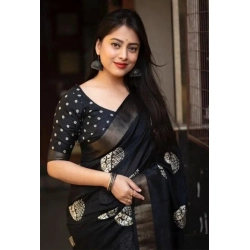 Generic Women's Cotton Silk Printed Saree With Unstitched Blouse 5.5Mtr (Black)
