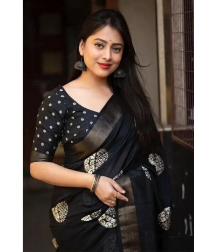 Generic Women's Cotton Silk Printed Saree With Unstitched Blouse 5.5Mtr (Black)
