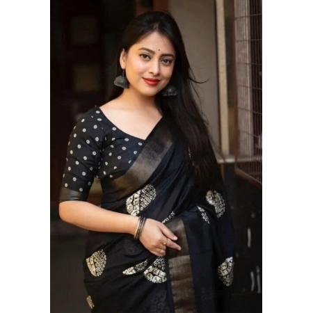 Generic Women's Cotton Silk Printed Saree With Unstitched Blouse 5.5Mtr (Black)