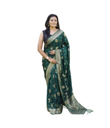 Generic Women's Soft Lichi Silk Printed Saree With Unstitched Blouse 5.5Mtr (Bottle-Green)