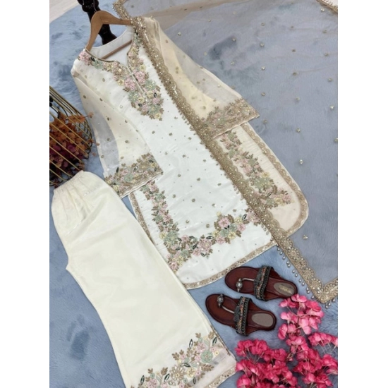 Generic Women's Silk Embroidered 3/4th Sleeve Round Kurti With Palazzo Pant and Dupatta Set (White) Generic Women's Silk Embroidered 3/4th Sleeve Round Kurti With Palazzo Pant and Dupatta Set (White)