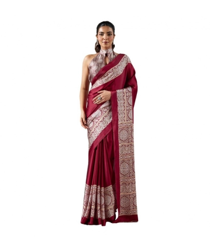 Generic Women's Satin Crepe Printed Saree With Unstitched Blouse 5.5Mtr (Maroon)