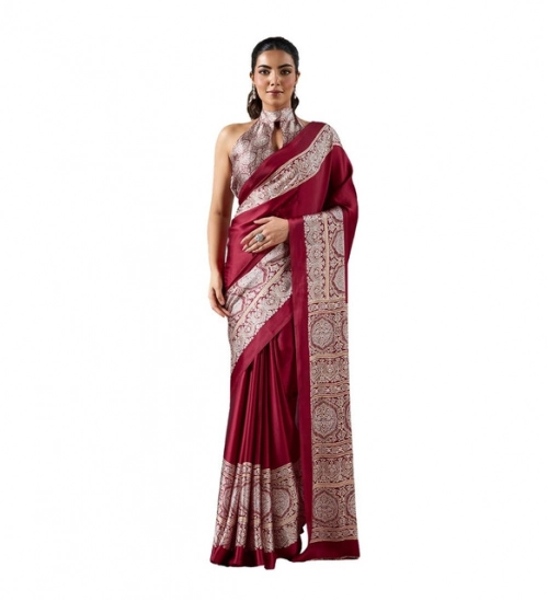 Generic Women's Satin Crepe Printed Saree With Unstitched Blouse 5.5Mtr (Maroon)