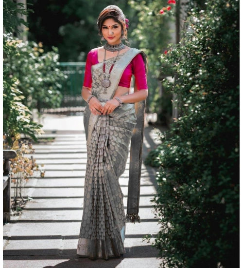 Generic Women's Soft Litchi Silk Jacquard Work Saree With Unstitched Blouse 5.5Mtr (Gray)