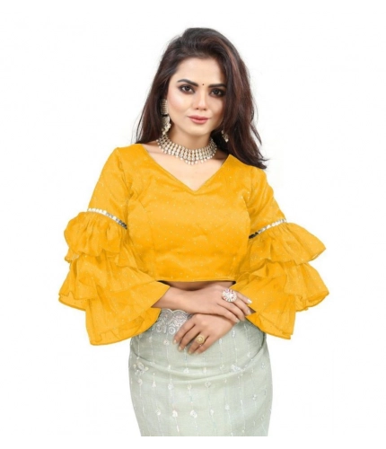 Generic Women's Organza Solid V Neck Layered Ruffle Sleeve Readymade Blouse (Yellow Free Size , up to 38–40 Bust)-PID65860