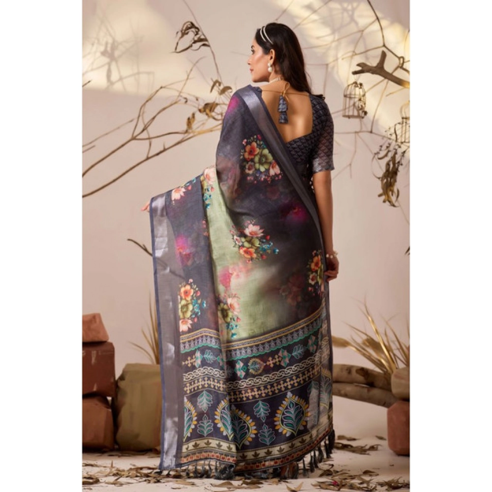 Generic Women's Faux_Linen Printed Saree With Unstitched Blouse 5.5Mtr (Navy_Blue)