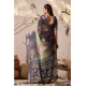 Generic Women's Faux_Linen Printed Saree With Unstitched Blouse 5.5Mtr (Navy_Blue)