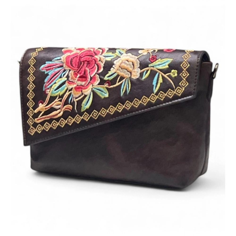 Generic Women's Polyurethane Floral Embroidered Crossbody Sling Bag with Adjustable & Removable Strap (Coffee)